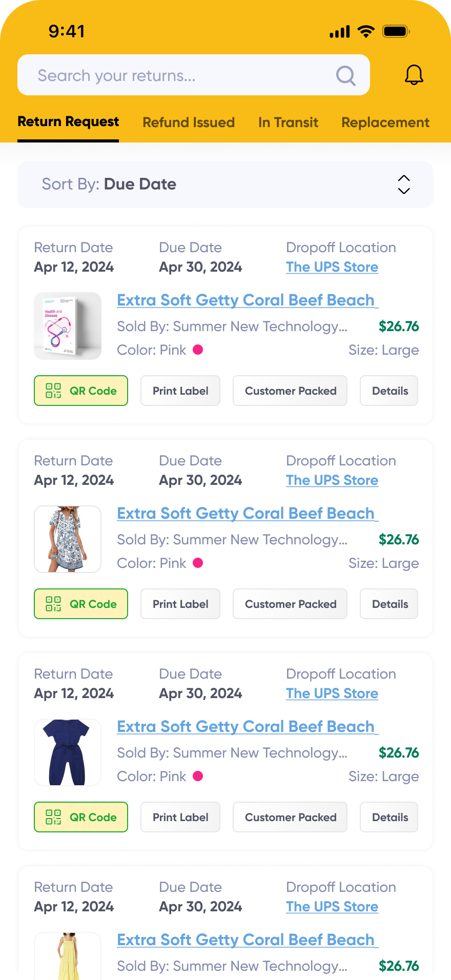 EasyReturn app screenshot showing Amazon returns dashboard